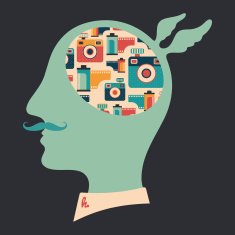 Hipster head with thoughts about retro cameras and films