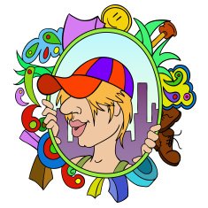 Cartoon teen in cap with abstract urban background