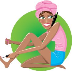 Young woman painting toenails and talking on the phone