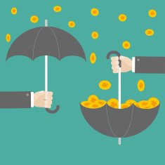 Businessman hand holding umbrella with success gold clover coin Flat