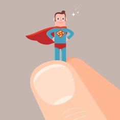 Slightly super hero held in giant fingers illustration