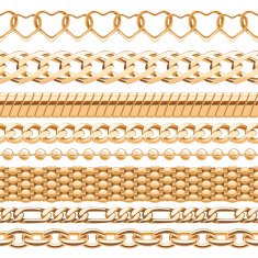 Assorted golden chains on white background
