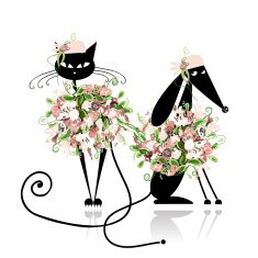 Glamor cat and dog in floral clothes for your design