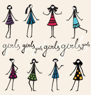 Decorative doodle silhouettes of girls in colorful dresses