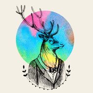 Portrait of a deer in tuxedo and watercolor round