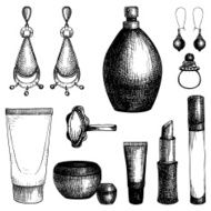 Vector set of graphic black cosmetics and jewelry elements