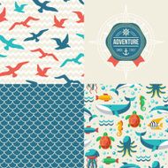 Seamless patterns of marine symbols and label in vintage style N2
