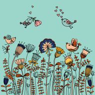 Birds flying around the flowers