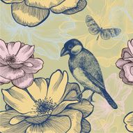 Seamless background with birds roses and butterfly Vector illustration