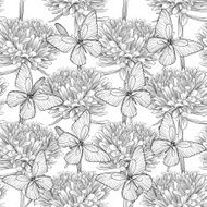black and white seamless background with flowers aster butterflies