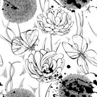 Beautiful monochrome seamless pattern with flowers and butterflies