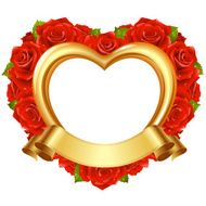 Vector frame with red roses and golden ribbon
