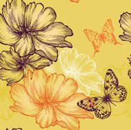 Seamless floral background with wild roses and butterflies hand-drawing Vector