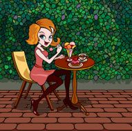 girl having dessert and coffee in garden N2