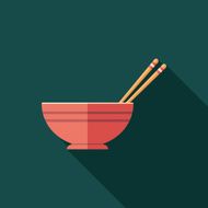 Bowl and chopsticks flat square icon with long shadows
