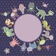 Card for text in circle Funny monsters dark dot background