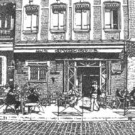 artistic drawing of a french street cafe