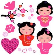 Japan love Geisha and floral elements set isolated on white