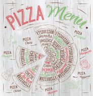 Pizza menu drawing with color chalk in loft wood