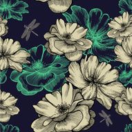 Seamless pattern with blooming wild roses and dragonflies Vector illustration