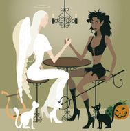 Cartoon Angel and Demon Arm Wrestling at Table