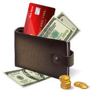Wallet with credit card banknotes and coins
