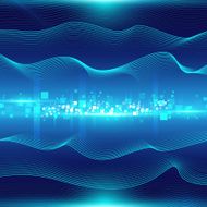 Blue abstract background with waves and particles