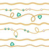 Golden chains &amp; gemstones seamless pattern on white