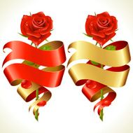 Ribbon banners in the shape of heart and red rose