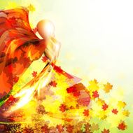 Silhouette of the woman dancing in autumn leaves