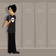 Emo boy at school by lockers in skull shirt N2