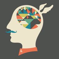 Hipster head with thoughts about triangles and pyramids