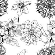 Beautiful seamless pattern of apple blossom dahlias and daffodils