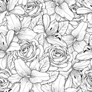 Beautiful seamless background with black and white lily roses N2