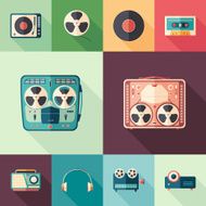 Set of retro media flat square icons with long shadows