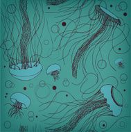 Seamless green marine pattern with medusas