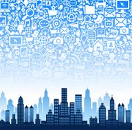 City Buildings on Modern Tech &amp; Communication Background