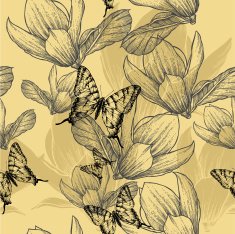 Seamless pattern with blossoming magnolias and butterflies vector illustration