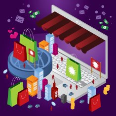 Online shopping city with laptop and money
