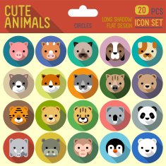 Cute animals circle icon set Vector trendy illustrations