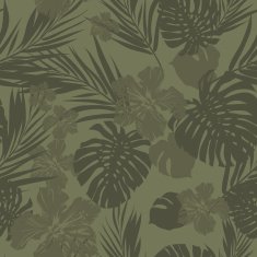 Tropical seamless monochrome khaki camouflage background with leaves and flowers N3