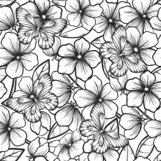 black and white seamless background with branches flowering trees butterflies