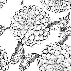 seamless background with monochrome black and white butterflies dahlias N2