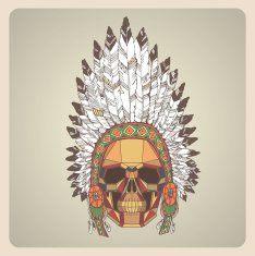 Conceptual polygonal human skull in native american indian chief headdress N2