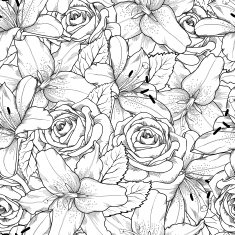 Beautiful seamless background with black and white lily roses N2
