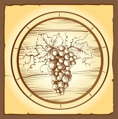 Wine label with grape cask oak barrel