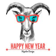 Happy New Year card with watercolor portrait ÑÐ° hipster goat
