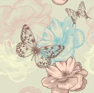 Seamless floral pattern with roses and butterflies hand-drawing Vector