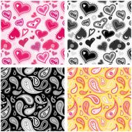 Collection of seamless hearts and paisley patterns