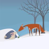 Fox and rabbit in a winter snowy scene